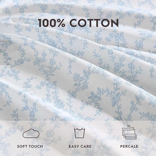 Laura Ashley - Twin XL Sheet Set, Crisp & Cool Cotton Percale Bedding with Deep Pockets, Lightweight for Year Round Comfort, Bed Sheets with Matching Pillowcase (Victoria Blue) Laura Ashley