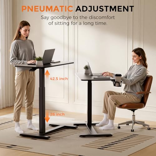 GTPLAYER Small Standing Desk with Hidden Wheels, Pneumatic Mobile Rolling Laptop Desk, Adjustable Height Overbed Bedside Table Computer Workstation for Home Office (32" W x 16" D, Black) GTPLAYER