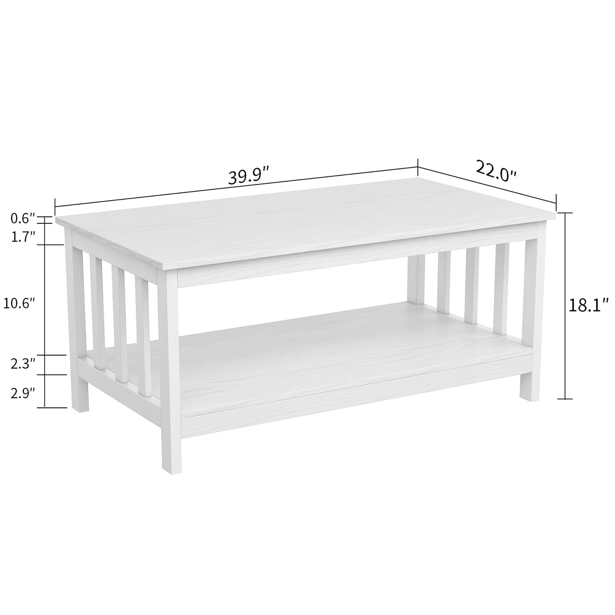 ChooChoo Farmhouse Coffee Table, Pure White Living Room Table with Shelf, 40 Inch ChooChoo