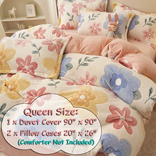 LMONMOO Pink Duvet Cover Queen Size, Fluffy Comforter Cover Set, Kawaii Bunny Bedding Sets for Girl Ultra Soft Cute Floral Bed Set for Kids (Flower, Queen) LMONMOO
