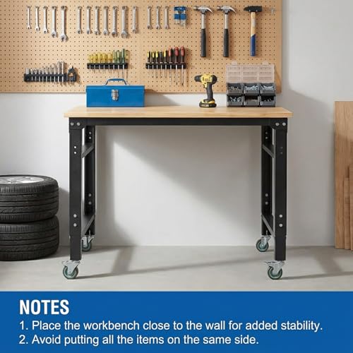 Garage Rolling Workbench - 35"X20" Adjustable Height Work Bench with Lockable Wheels | 2000Lbs Heavy Duty Rubber Wood Top Work Table Tool Bench for Workshop, Garage, Office, Home Nanberone