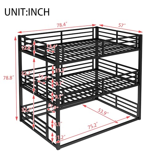 Harper & Bright Designs Heavy Duty Triple Bunk Bed, Full Over Full ove Full Bunk Bed with Ladders, Metal Bunk Beds with Guardrails for Kids, Teens, Adults, Noise-Reduced, Black Harper & Bright Designs
