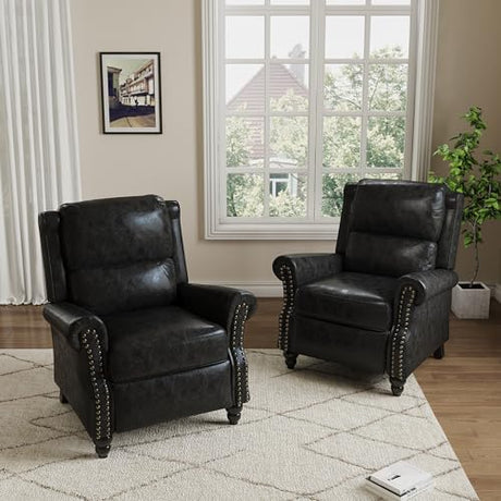 Pushback Recliner Chair, Faux Leather Wingback Recliner Chair, Upholstered Armchair Push Back Recliner with Wood Legs, Rivet Trim Single Sofa Accent Chair for Living Room, Bedroom, Black Qatiby
