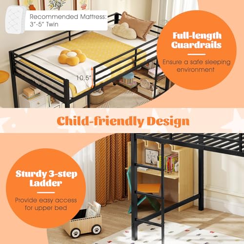 Giantex Low Loft Bed Twin Size, Heavy Duty Metal Frame w/Storage Shelves, Ladder & Full-Length Guardrails, Ample Under-Bed Space, Kids Loft Bed with Stairs for Boys Girls Junior, No Box Spring Needed Giantex