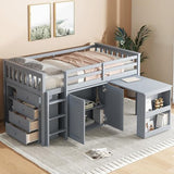 Merax Loft Bed Twin Size with Pull Out Desk, Low Loft Bed with Underneath Cabinet, 3 Side Drawers and Shelves, Wood Bed Frame with Guardrails and Ladder, Wood Slat Support, No Box Spring Need, Gray Merax