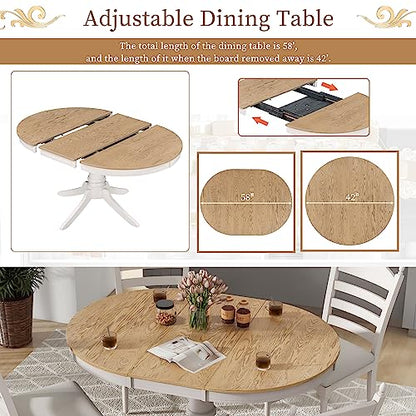 Dinehome 5-Piece Wooden Round Extendable Dining Table and 4 Upholstered Chairs Set for Kitchen Living Room, Retro Style, Off White - WoodArtSupply