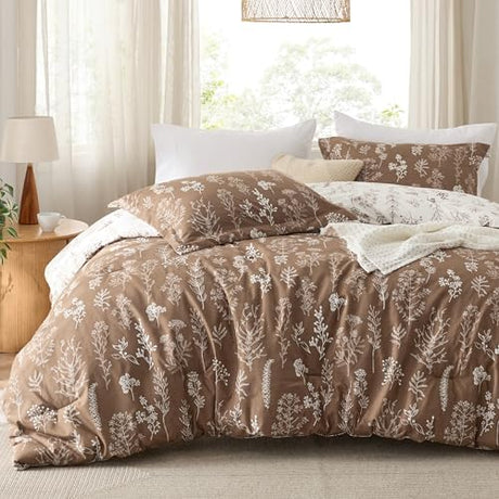 Bedsure King Comforter Set - Brown Bed Set, 3 Pieces Cute Floral Bedding, 1 Soft Reversible Botanical Flowers Comforter and 2 Pillow Shams Bedsure