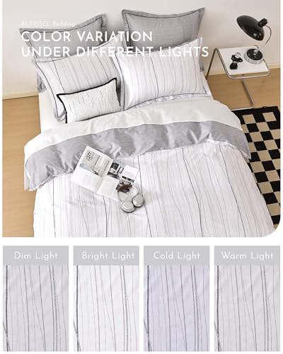 ALEISSEL Modern Urban 100% Natural Cotton Duvet Cover Sets 3Pcs - Gray Artistic Lines Pattern on White with Textured Light-Gray Reverse, Minimalist Bedding Set with Button Closure(King,104"×90" ALEISSEL
