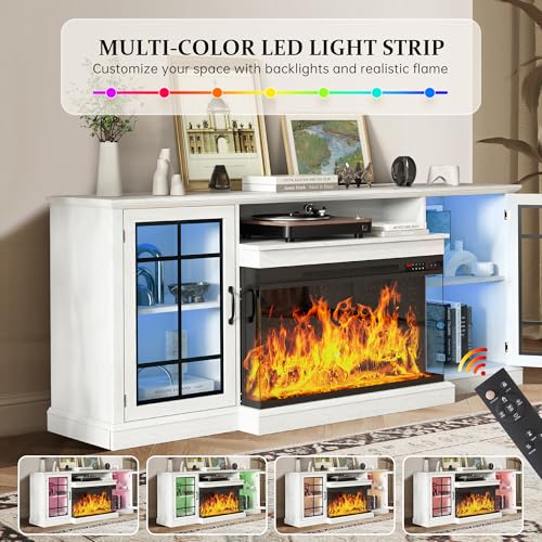 MXV 70'' Fireplace TV Stand, Farmhouse Entertainment Center with 3 Sided Glass TV Stand, Modern Media Console Table with Storage Drawers & Cabinets with LED Flame and Lights for Living Room, White MXV