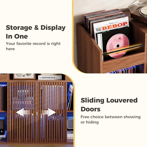 IRONCK Luxury Record Player Stand with Storage, Holds 1500+ Vinyl Records, Large Record Storage Cabinet with Sliding Doors & Charging Station & LED Light, Brown IRONCK