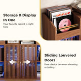 IRONCK Luxury Record Player Stand with Storage, Holds 1500+ Vinyl Records, Large Record Storage Cabinet with Sliding Doors & Charging Station & LED Light, Brown IRONCK