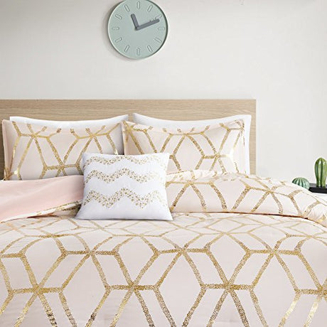Comfort Spaces Vivian Comforter Set Ultra Soft All Season Lightweight Modern Geometric Glam Metallic Print Bedding, Matching Sham, Decorative Pillow, Full/Queen, Geometric Blush/Gold Comfort Spaces