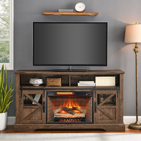 60 Inch Corner Fireplace Tv Stand for Tvs Up to 70'' Farmhouse Corner Tv Stand with Fireplace with Door Sensor Electric Fireplace Entertainment Center with Storage Cabinet Reclaimed Barnwood Color Seoilouhoi