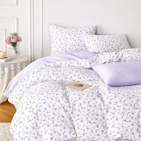 Wake In Cloud - Floral Duvet Cover Set, Coquette Cottagecore Aesthetic Cute Flower Pattern for Women Teen Girls, Soft Lightweight Bedding, 3-Piece, Purple White, Twin/Twin XL Size Wake In Cloud