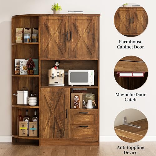 SUNLEI 60.4" Tall Kitchen Pantry Storage Cabinet with Microwave Shelf, Freestanding Farmhouse Kitchen Pantry, Wooden Pantry Cupboard Storage with Drawers and Open Shelves for Dining Room, Brown SUNLEI