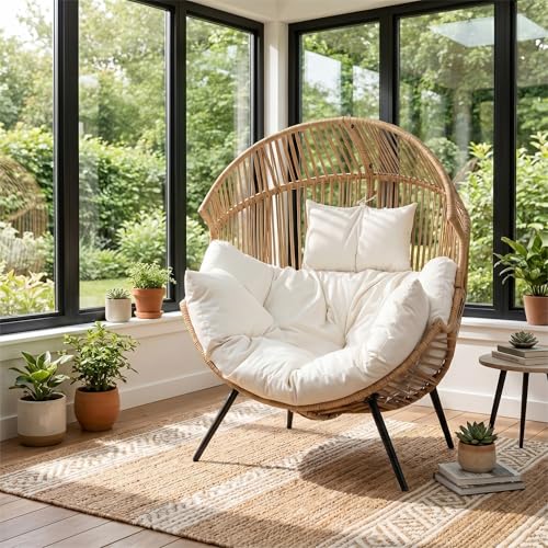Oversized Outdoor Wicker Egg Chair Set of 2, Patio Lounge Chair Basket Seat with Thick Cushion, All Weather Indoor Outdoor Porch Rockers for Balcony, Living Room, Lawn Garden