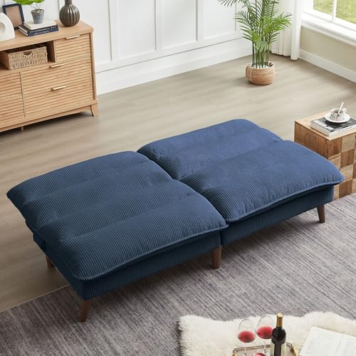 Pingliang Home 72" Futon Sofa Bed, Futon Couch with Adjustable Backrest, Recliner Small Loveseat for Living Room, Office, Apartment, Corduroy Loveseat, Blue Pingliang Home