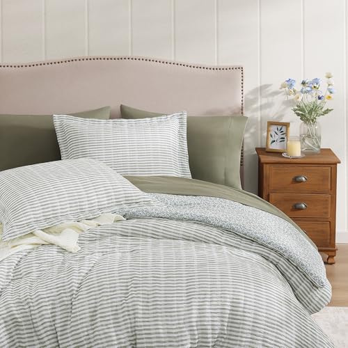 BLOOMHAVEN Queen Comforter Set - 7 Pieces Green Gauze Muslin Bedding Sets for All Seasons, Lightweight Breathable Bed in a Bag Queen with Revesible Farmhouse Comforter, Sheets, Pillowcases & Shams BLOOMHAVEN