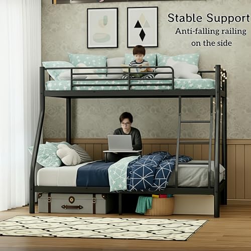 SogesGame Twin Over Full Bunk Bed for Teens & Kids, Metal Heavy Duty Bunk beds with 9.8-Inch Guardrail and Ladder, Bunk Beds Twin Over Full Size for Small Bedrooms & Shared Rooms, Space-Saving, Black SogesGame