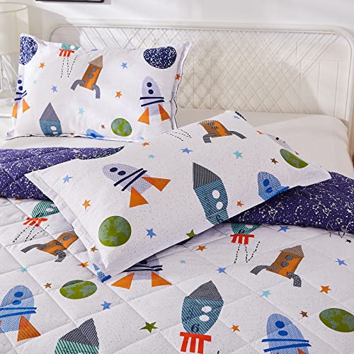 Brandream Kids Space Bedding Set Boy Girl Cotton Comforter Set Space Rocket Galaxy Bedroom 3-Piece Full Size Brandream