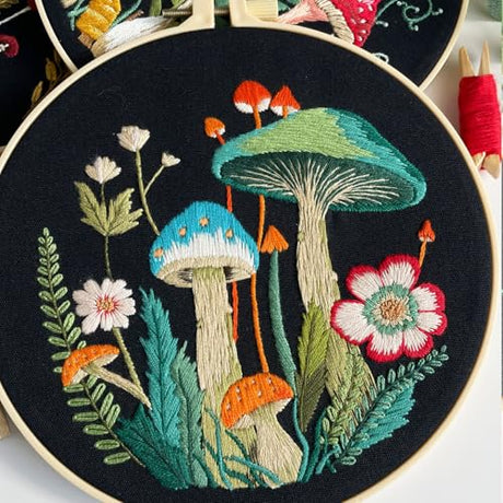 Myfelicity Embroidery Kit with Mushroom Patterns, 3 Hoops, Fabric, Threads, Needles, Instructions (red) Myfelicity