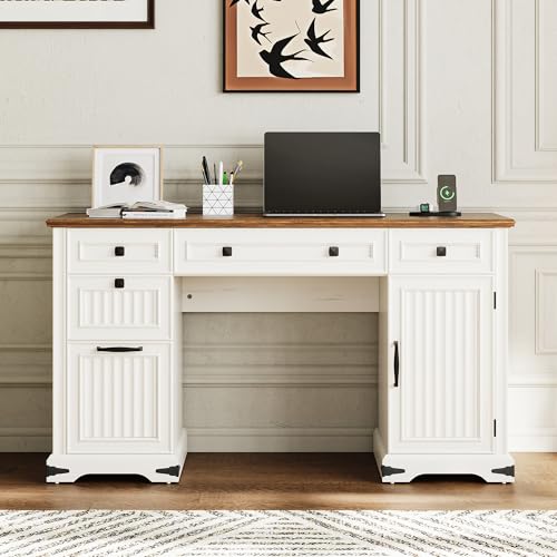 IRONCK 55'' Farmhouse Desk Home Office with Drawers, Wooden Computer Desk with Charging Station, File Drawers and Storage Cabinet, Executive Desk for Work, Study Writing, White IRONCK