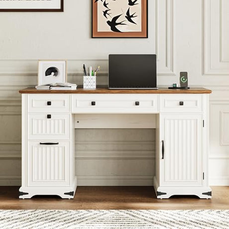 IRONCK 55'' Farmhouse Desk Home Office with Drawers, Wooden Computer Desk with Charging Station, File Drawers and Storage Cabinet, Executive Desk for Work, Study Writing, White IRONCK