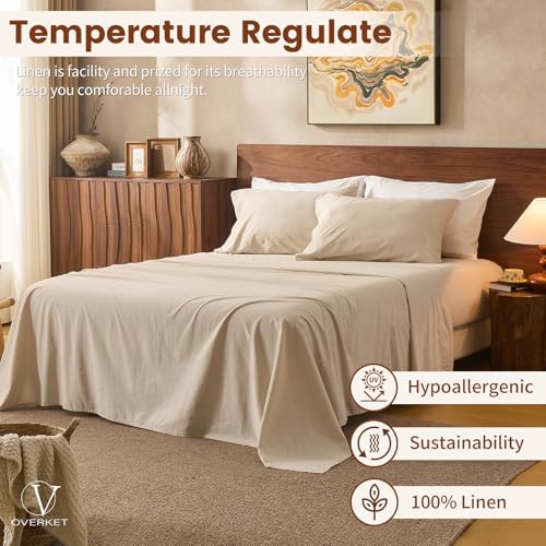 Overket 100% Linen Sheets Queen Size,Breathable & Durable 4-Piece Bed Flax Sheet Set,Soft All-Season Bedding for Hot Sleepers 16" Deep Pocket Oeko-TEX Certified,（Queen, Linen） Overket