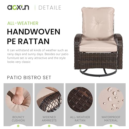 Aoxun 3 Pieces Outdoor Swivel Rocker Chair Set of 2 with Small Side Table Wicker Rattan Patio Furniture Set Outdoor Rocking Chair Set for Backyard, Balcony, Deck (Beige)