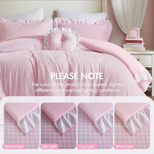 Intelligent Design Rowena Full Comforter Set – Blush Pink Gingham Ruffled Bedding, Vintage Farmhouse Style, Reversible All Season 4-Piece Bedding Set, Full/Queen, Gift for Her Intelligent Design