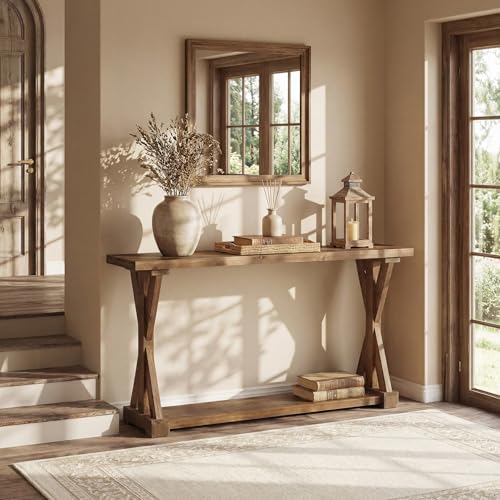 TRIBEWOOD Solid Wood Console Table for Entryway, 63-Inch Narrow Farmhouse Entryway Table with Storage, 2-Tier Sofa Console Behind Couch, for Living Room, Hallway, Easy Assembly, Rustic Brown TRIBEWOOD
