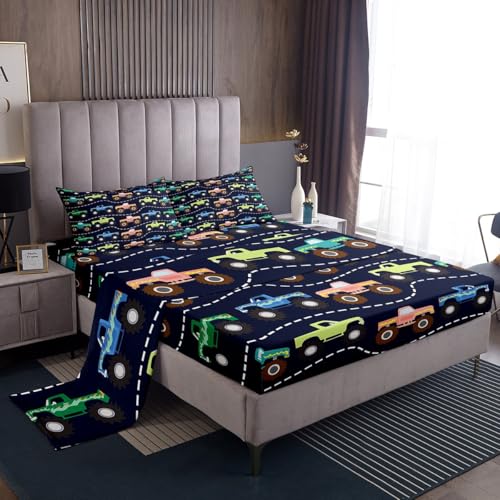 Feelyou 3D Truck Sheet Set Boys Cars Bed Sheets for Kids Girls Teens Freestyle Truck Decor Bed Set Blue Sheets with 2 Pillowcases 4Pcs Bedding Full Feelyou