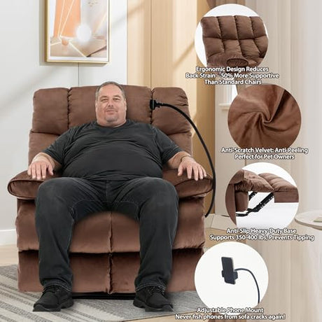Euthymia Oversized Recliner Chair, Large Recliner Chair Chairs for Adults 400LBS, XL Biggest Manual Fabric Heavy Duty Recliner Chair, Extra Wide Recliners for Living Room, Brown Euthymia