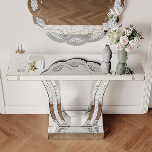 43" Mirrored Console Tables, Modern Silver Entryway Sofa Table with Curved Stone-Inlaid Legs for Living Room, Modern Luxury Accent Table, Hallway Foyer Table, Silver JIJIWANG