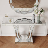 Maotifeys Mirrored Console Table with Crystal-Inlaid U-Shape Base Modern Elegant Silver Glass Entryway Tables for Living Room Luxury Accent Sofa Table with Curved Frame (Silver Table) Maotifeys