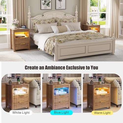 Dystler Fluted Night Stand with Gun Drawer, Wood Nightstand with Charging Station and Human Sensor, Modern Bedside Table with LED Light and Storage Shelf for Bedroom, Natural Dystler