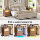 Dystler Fluted Night Stand with Gun Drawer, Wood Nightstand with Charging Station and Human Sensor, Modern Bedside Table with LED Light and Storage Shelf for Bedroom, Natural Dystler