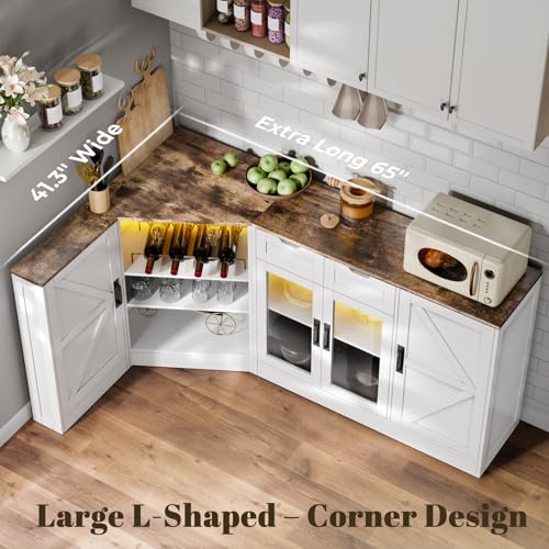 L-Shaped Kitchen Buffet Storage Cabinet - Corner White Sideboards and Buffets with Storage Drawer & Door, 65'' Long Farmhouse Coffee Bar with LED & Wine Rack, Dining Room Islands for Kitchen (White) Gyfimoie