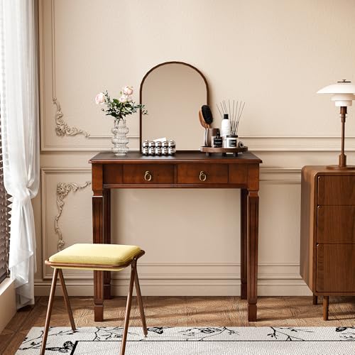 LEEMTORIG Traditional Solid Wood Writing Desk, Small Secretary Desk with 2 Drawers, Mahogany Desk Cherry Wood Writing Table for Home Office, 31.5" W French Provincial Desk, Cherry Walnut SSZ-D1258 LEEMTORIG
