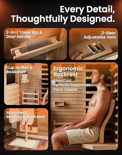 PAETA Infrared Sauna | 1-Person Indoor Dry Sauna with 5 Carbon Heaters | Fast & Even Heating Low EMF | Bluetooth & Chromotherapy for Home Sauna(Wooden) PAETA