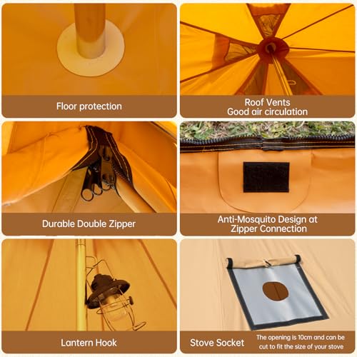 WaldZimmer Canvas Bell Tent 10ft Ginger with Stove Jack and Zipped Removable Floor, Luxury Outdoor Glamping Yurt Cotton Tent for Family Truck Car Camping Hunting Party WaldZimmer