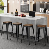Alunaune 24" Metal Bar Stools Set of 4 Stackable Counter Height Barstools Backless Industrial Kitchen Bar Chairs with Wooden Seat-Matte Black Alunaune