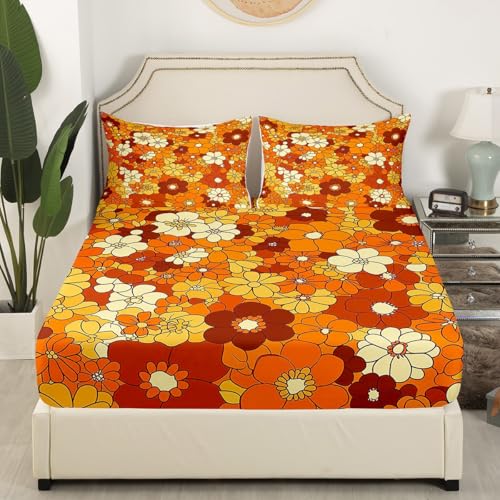 Boho Floral Bed Sheets Set King Retro Groovy Flowers Sheet Set 60S 70S Hippie Flower Power Bedding Set For Kids Girls Women Groovy Natural Garden Botanical Fitted Sheet Orange Brown Flat Sheet 4 Pcs Erosebridal