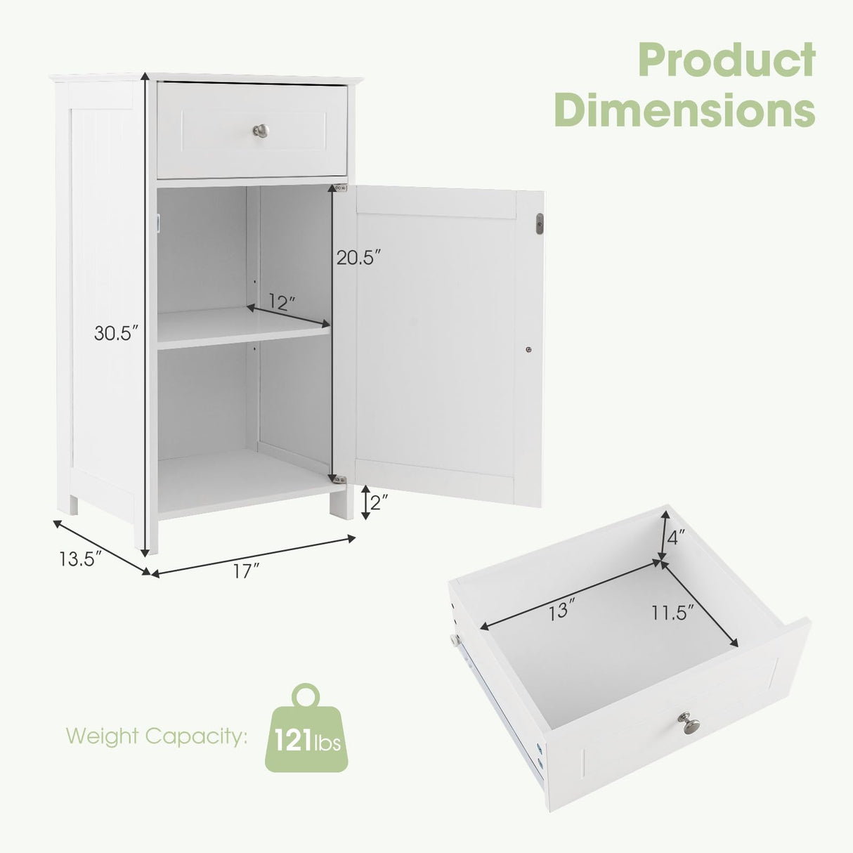 Giantex White Freestanding Storage Cabinet with Drawer and Adjustable Shelf for Bathroom and Living Spaces Giantex