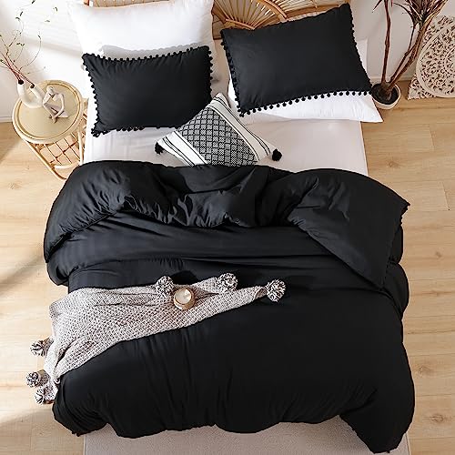 YIRDDEO Full Size Comforter Sets - Full Size Comforter with Ball Pom Fringe, Soft Bedding Set for All Seasons - 3 Pieces, 1 Comforter (79"x90") & 2 Pillow Shams(20"x26"), Black YIRDDEO