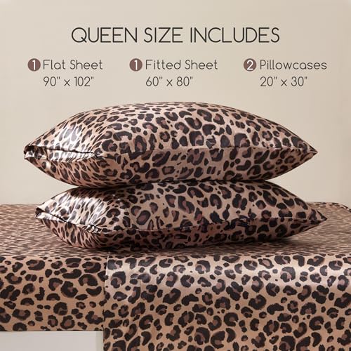 MR&HM Satin Bed Sheets with Elastic Corner Straps, Queen Size Sheets Set, 4 Pcs Silky Bedding Set with 15 Inches Deep Pocket for Mattress (Queen, Brown Leopard) MR&HM