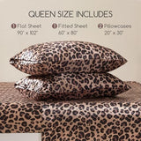 MR&HM Satin Bed Sheets with Elastic Corner Straps, Queen Size Sheets Set, 4 Pcs Silky Bedding Set with 15 Inches Deep Pocket for Mattress (Queen, Brown Leopard) MR&HM