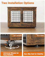 YaFiti Dog Crate Furniture with Cushion, Wooden Dog Kennel Indoor with Double Doors, Dog Cage with Wheels, Dog House Side End Table for Small Medium Dogs up to 45 lb, 32.5” L, Rustic Brown YaFiti