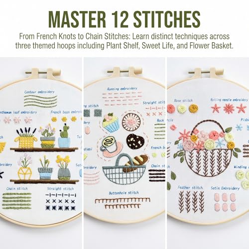 QIZUOLIFE 3 Pack Embroidery Kit for Adults Beginners, Pre‑Stamped Potted Plant Flower Basket Needlepoint Set, DIY Needlework Supplies with Step‑by‑Step Video Tutorials, Handmade Craft Gift Home Decor