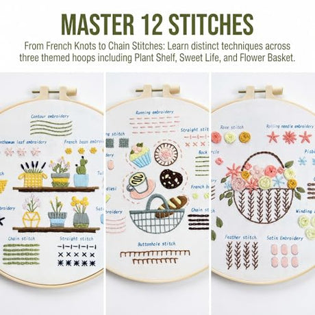 QIZUOLIFE 3 Pack Embroidery Kit for Adults Beginners, Pre‑Stamped Potted Plant Flower Basket Needlepoint Set, DIY Needlework Supplies with Step‑by‑Step Video Tutorials, Handmade Craft Gift Home Decor QIZUOLIFE